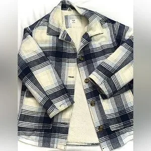 Ardene Jackets Coats Ardene Plaid Shacket In Blue And Cream